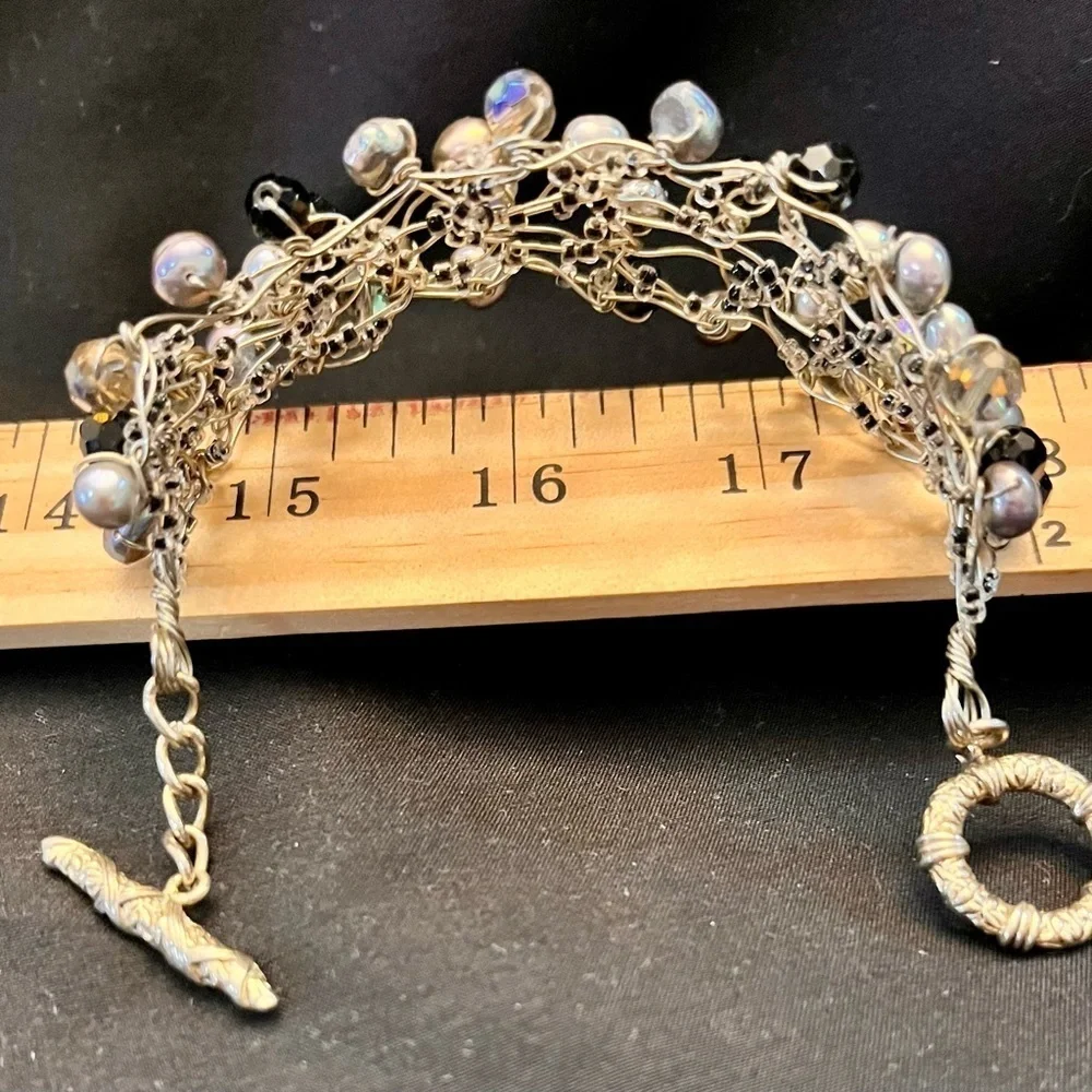 Vintage Handmade Wire Wrapped Bracelet Freshwater Pearl Aurora Borealis Bead Art